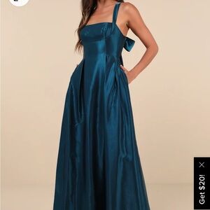 Lulu’s Immaculate Aura Shiny Dark Teal Taffeta Maxi Dress With Pockets